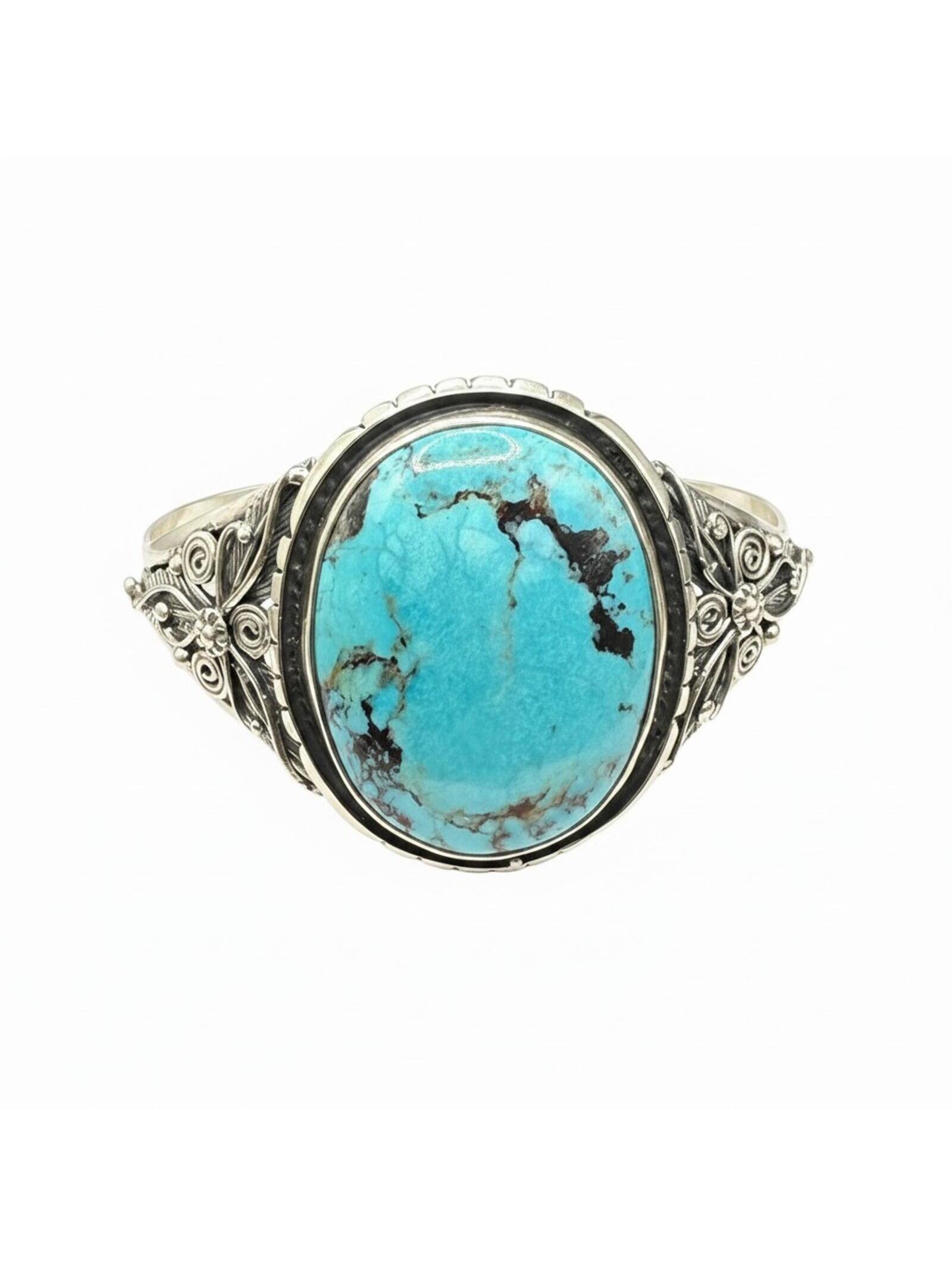 Large Artisan Handcrafted Turquoise Cuff Sterling Silver .925 Fits 6.25-7"